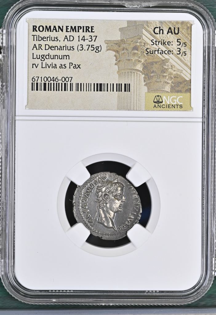 Roman Imperial Tiberius 14-37 AD AR Denarius NGC Ch AU 0145641