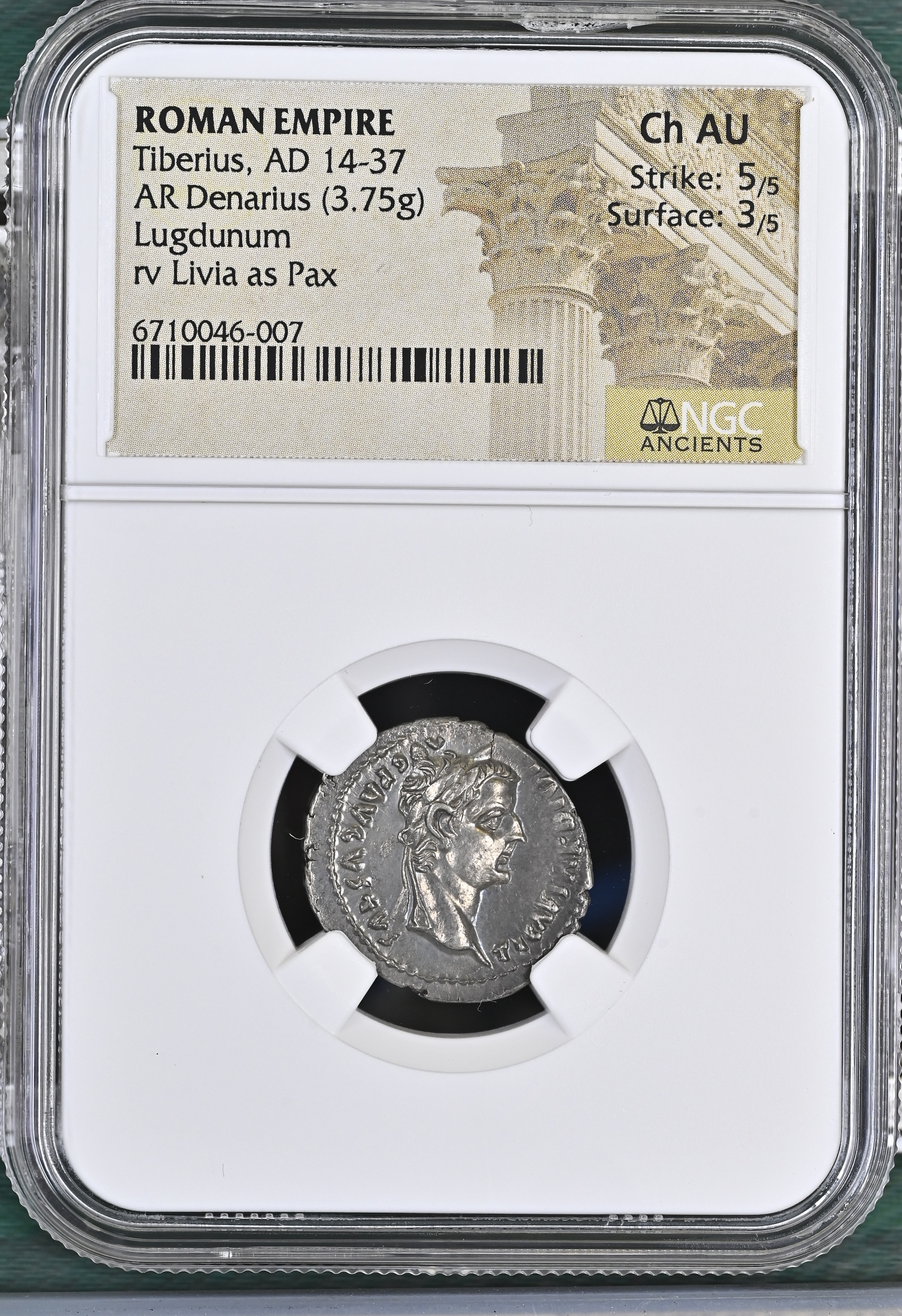 Roman Imperial Tiberius 14-37 AD AR Denarius NGC Ch AU 0145641