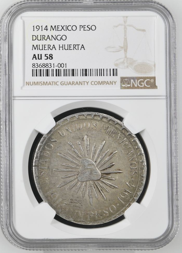 Durango Peso 1914 Durango Muera Huerta NGC AU58 0145652Durango Peso 1914 Durango Muera Huerta NGC AU58 0145652