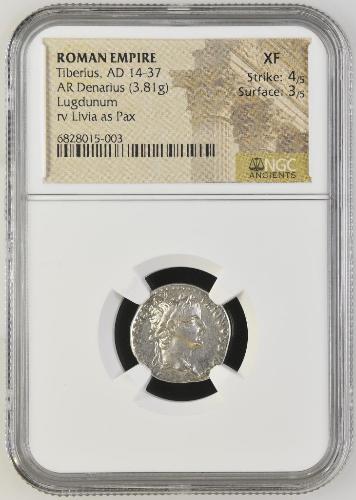 Roman Imperial Tiberius 14-37 AD AR Denarius NGC XF 0145670