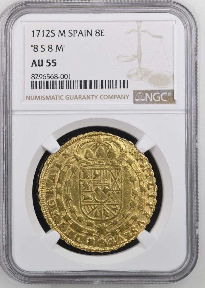 Spain 8 Escudo 1712 S M NGC AU55 0145674Spain 8 Escudo 1712 S M NGC AU55 0145674