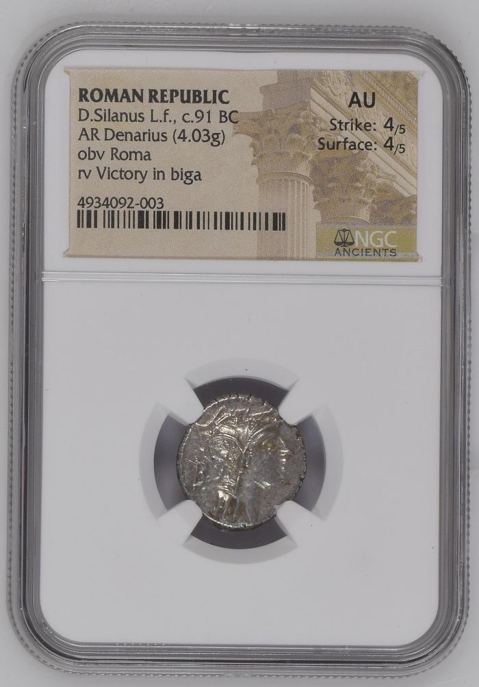 Roman Republic D. Silanus L.f. c.91 BC AR Denarius NGC AU 0145682Roman Republic D. Silanus L.f. c.91 BC AR Denarius NGC AU 0145682