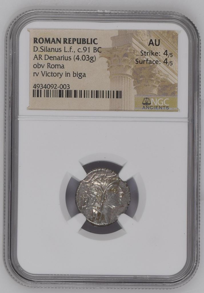 Roman Republic D. Silanus L.f. c.91 BC AR Denarius NGC AU 0145682