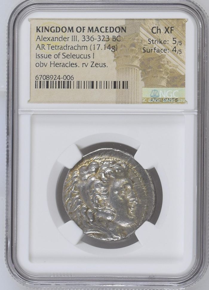 Macedonian Kings Alexander III(The Great) 336-323 BC AR Tetradrachm NGC Ch XF 0145683Macedonian Kings Alexander III(The Great) 336-323 BC AR Tetradrachm NGC Ch XF 0145683