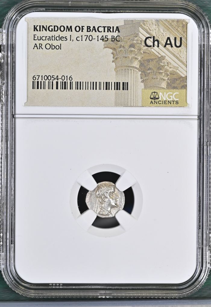 Baktria and the East Eucratides I c.170-145 BC AR Obol NGC Ch AU 0145691Baktria and the East Eucratides I c.170-145 BC AR Obol NGC Ch AU 0145691
