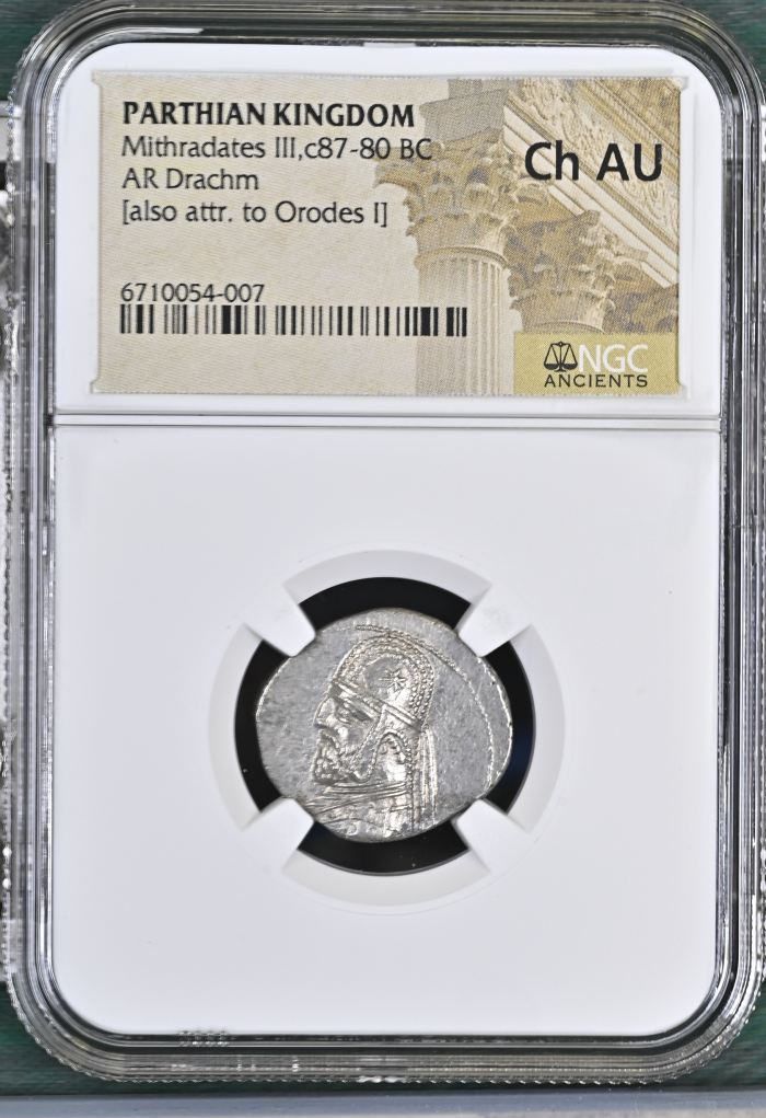 Persia, Achaemenid Kings Parthia Mithradates III c.87-80 BC AR Drachm NGC Ch AU 0145715Persia, Achaemenid Kings Parthia Mithradates III c.87-80 BC AR Drachm NGC Ch AU 0145715