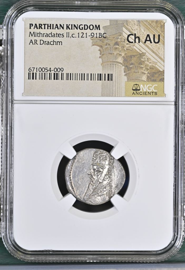 Persia, Achaemenid Kings Parthia Mithradates II c.121-91 BC AR Drachm NGC Ch AU 0145717