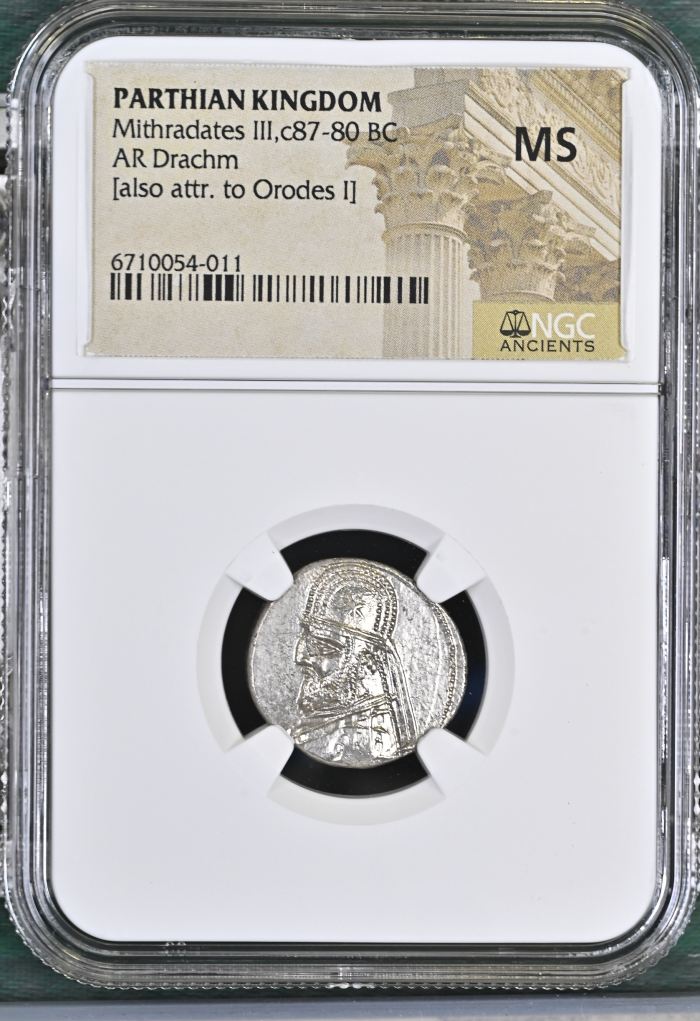 Persia, Achaemenid Kings Parthia Mithradates III c.87-80 BC AR Drachm NGC MS 0145719Persia, Achaemenid Kings Parthia Mithradates III c.87-80 BC AR Drachm NGC MS 0145719