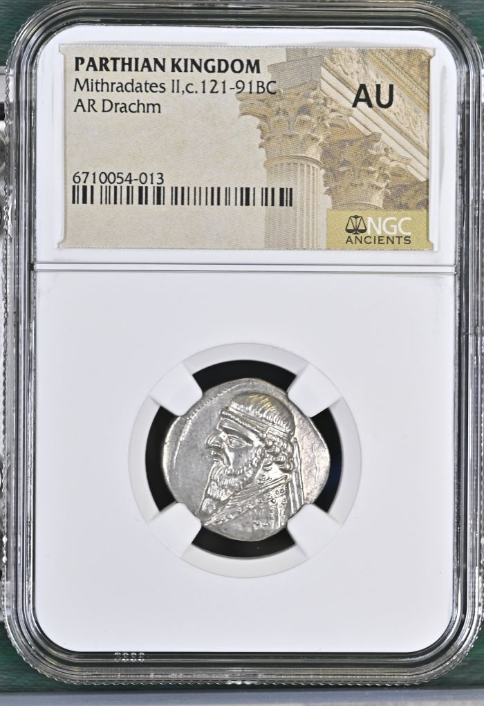 Persia, Achaemenid Kings Parthia Mithradates II c.121-91 BC AR Drachm NGC AU 0145721Persia, Achaemenid Kings Parthia Mithradates II c.121-91 BC AR Drachm NGC AU 0145721