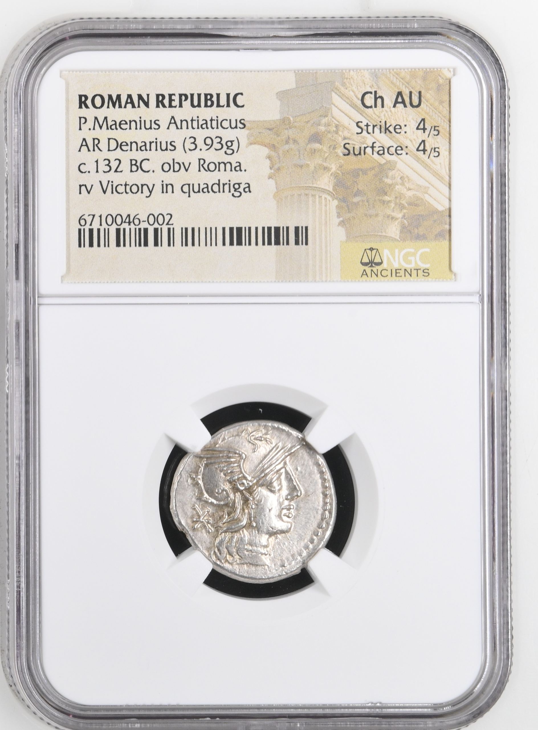 Roman Republic P.Maenius Antiaticus c.132 BC AR Denarius NGC Ch AU 0145722