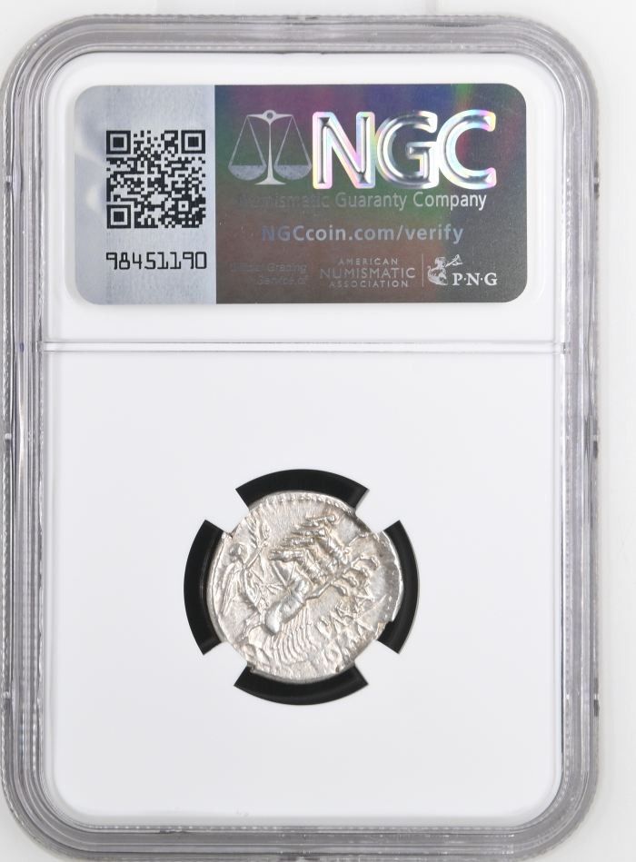 Roman Republic P.Maenius Antiaticus c.132 BC AR Denarius NGC Ch AU 0145722Roman Republic P.Maenius Antiaticus c.132 BC AR Denarius NGC Ch AU 0145722 - Image 2