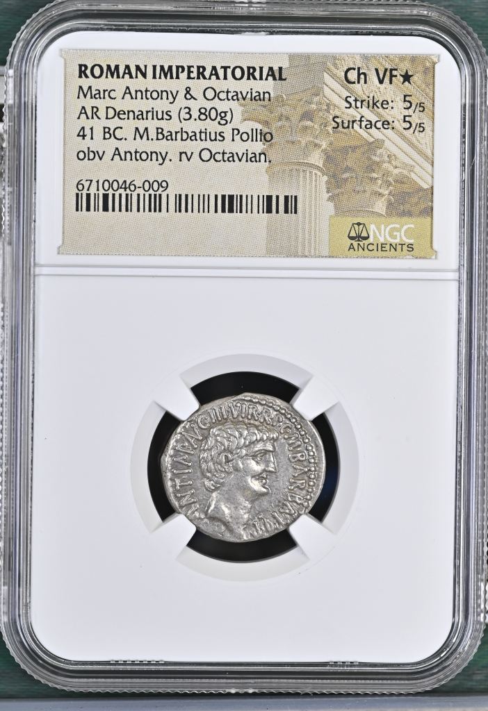 Roman Imperatorial Marc Antony & Octavian 41 BC AR Denarius NGC Ch VF* 0145724