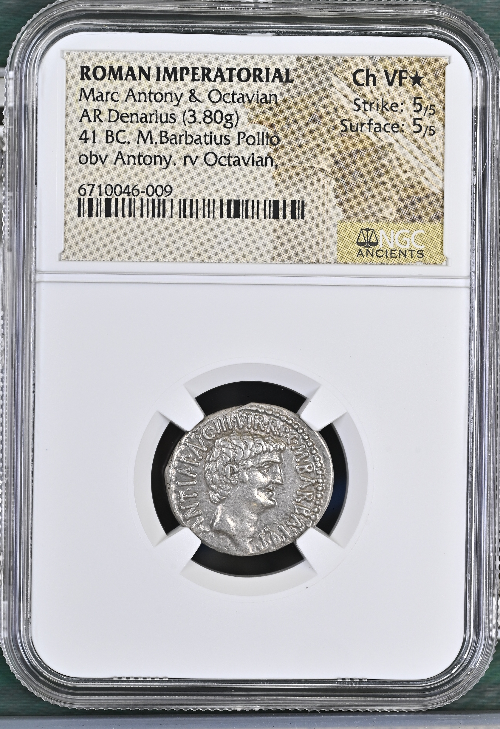 Roman Imperatorial Marc Antony & Octavian 41 BC AR Denarius NGC Ch VF* 0145724