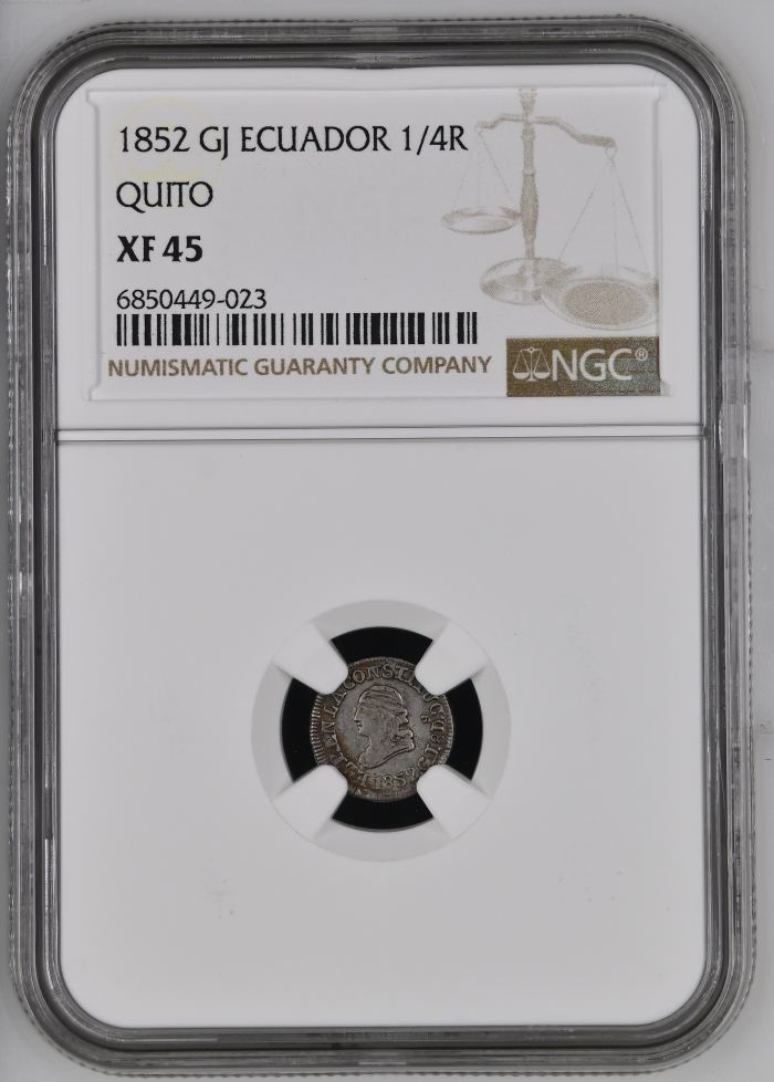 Ecuador 1/4 Real 1852 GJ NGC XF45 0145919Ecuador 1/4 Real 1852 GJ NGC XF45 0145919