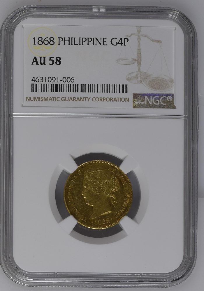 Philippines 4 Peso 1868 NGC AU58 0145962Philippines 4 Peso 1868 NGC AU58 0145962