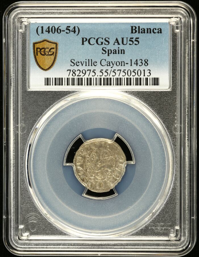 Spain Blanca (1406-54) Seville Cayon-1438 PCGS AU55 0146225Spain Blanca (1406-54) Seville Cayon-1438 PCGS AU55 0146225