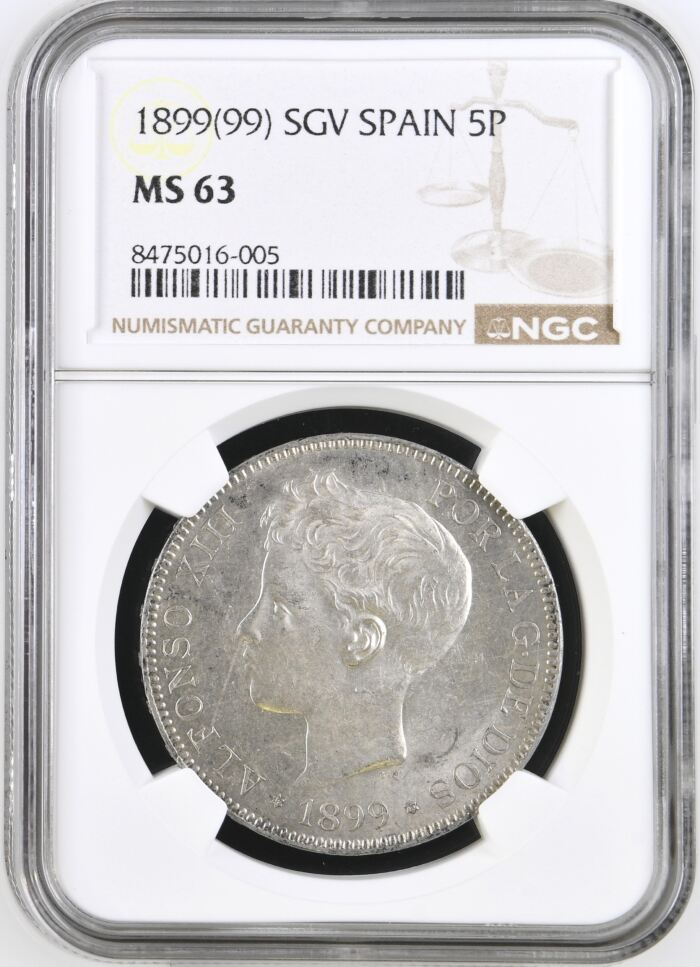 Spain 5 Pesetas 1899 SGV NGC MS63 0146233Spain 5 Pesetas 1899 SGV NGC MS63 0146233