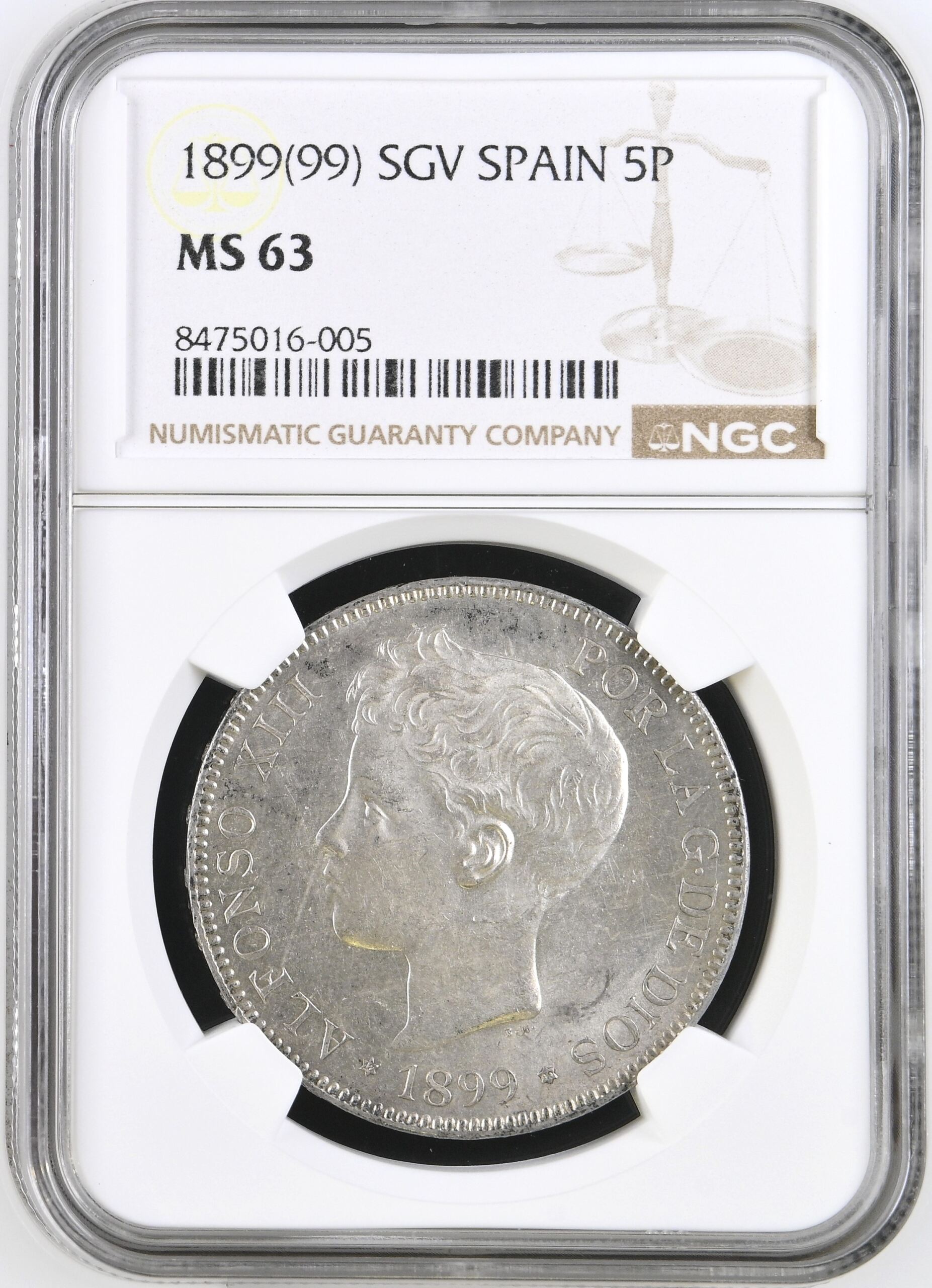 Spain 5 Pesetas 1899 SGV NGC MS63 0146233