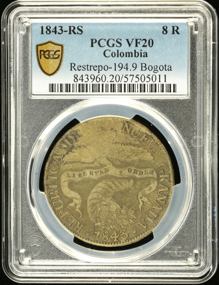 Colombia 8 Reales 1843 Bogota Restrepo-194.9 PCGS VF20 0146259Colombia 8 Reales 1843 Bogota Restrepo-194.9 PCGS VF20 0146259