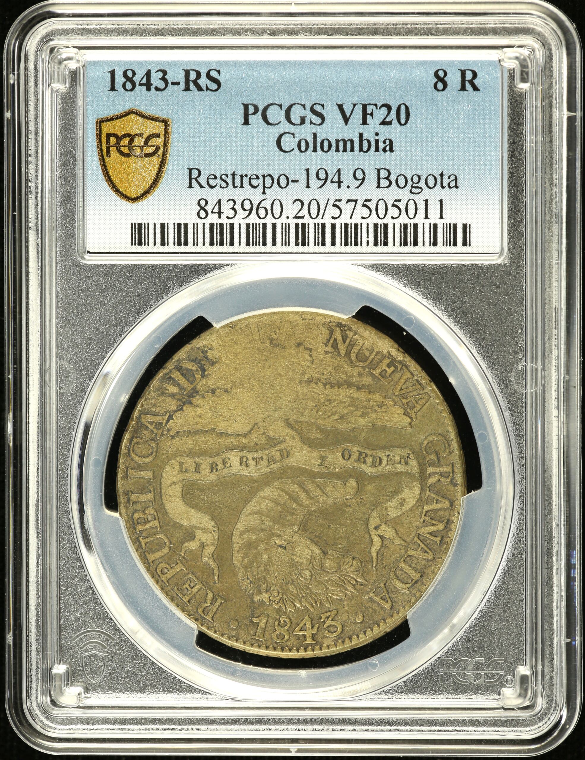 Colombia 8 Reales 1843 Bogota Restrepo-194.9 PCGS VF20 0146259