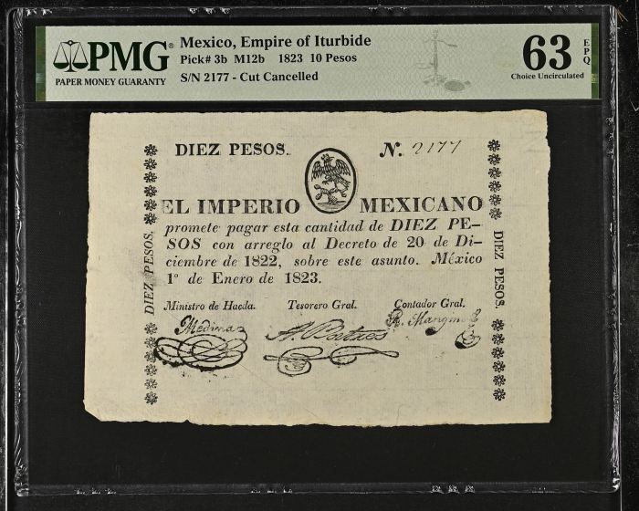 Imperial & Early Republic 10 Pesos 1823 M12b PMG Ch UNC63 EPQ f_35444Imperial & Early Republic 10 Pesos 1823 M12b PMG Ch UNC63 EPQ f_35444