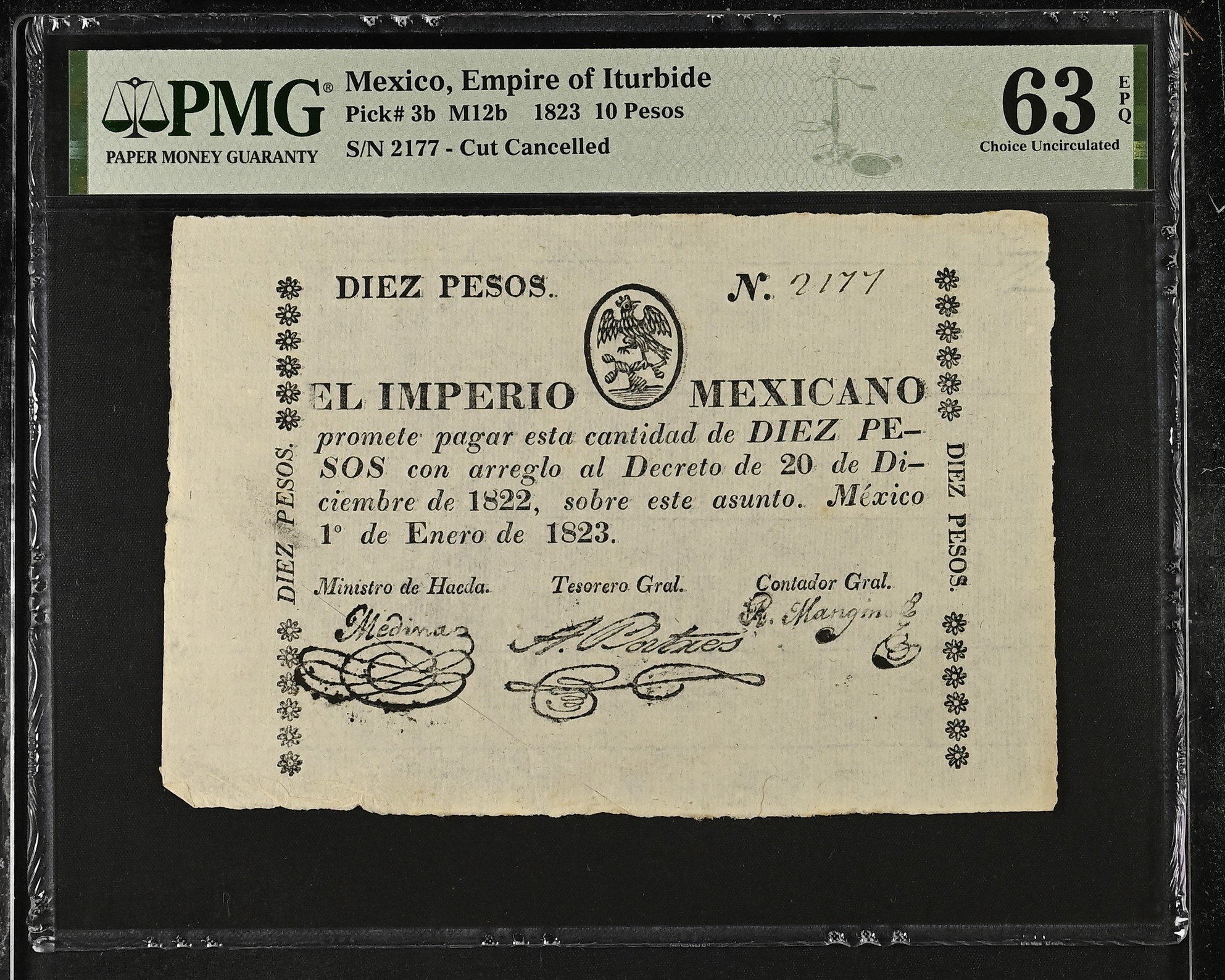 Imperial & Early Republic 10 Pesos 1823 M12b PMG Ch UNC63 EPQ f_35444