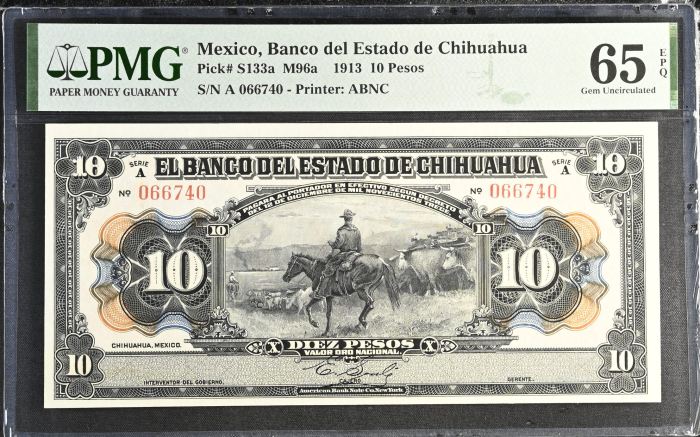 Bancos 10 Pesos 1913 Chihuahua M96a PMG Gem UNC65 EPQ f_35445Bancos 10 Pesos 1913 Chihuahua M96a PMG Gem UNC65 EPQ f_35445