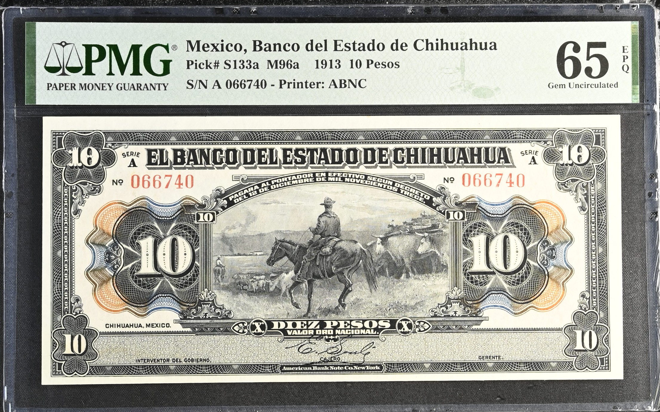 Bancos 10 Pesos 1913 Chihuahua M96a PMG Gem UNC65 EPQ f_35445