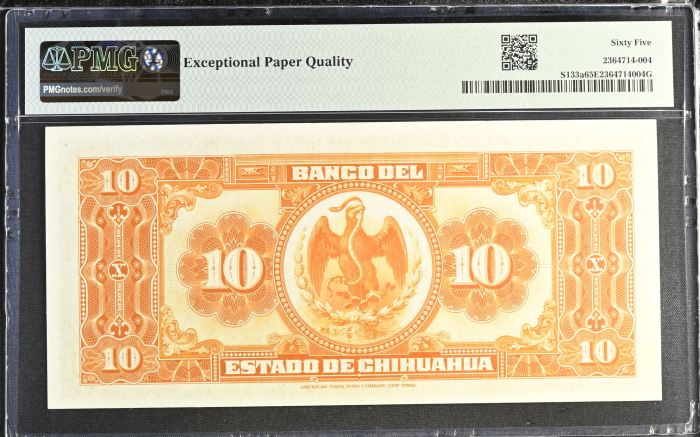 Bancos 10 Pesos 1913 Chihuahua M96a PMG Gem UNC65 EPQ f_35445Bancos 10 Pesos 1913 Chihuahua M96a PMG Gem UNC65 EPQ f_35445 - Image 2