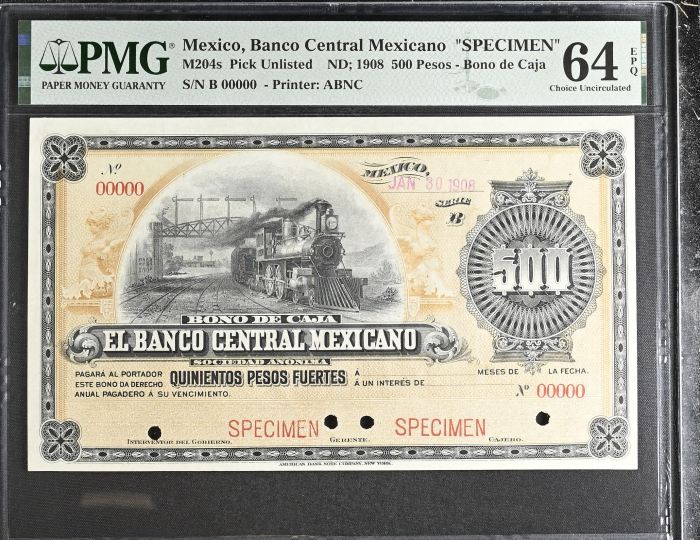 Bancos 500 Pesos 1908 Distrito Federal M204s PMG Ch UNC64 EPQ f_35446Bancos 500 Pesos 1908 Distrito Federal M204s PMG Ch UNC64 EPQ f_35446