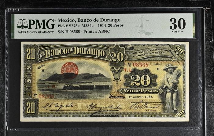 Bancos 20 Pesos 1914 Durango M334c PMG VF30 f_35450Bancos 20 Pesos 1914 Durango M334c PMG VF30 f_35450