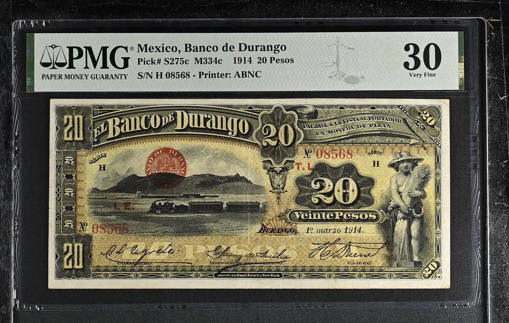 Bancos 20 Pesos 1914 Durango M334c PMG VF30 f_35450