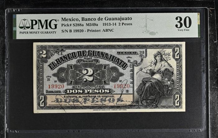 Bancos 2 Pesos 1913-14 Guanajuato M349a PMG VF30 f_35452Bancos 2 Pesos 1913-14 Guanajuato M349a PMG VF30 f_35452