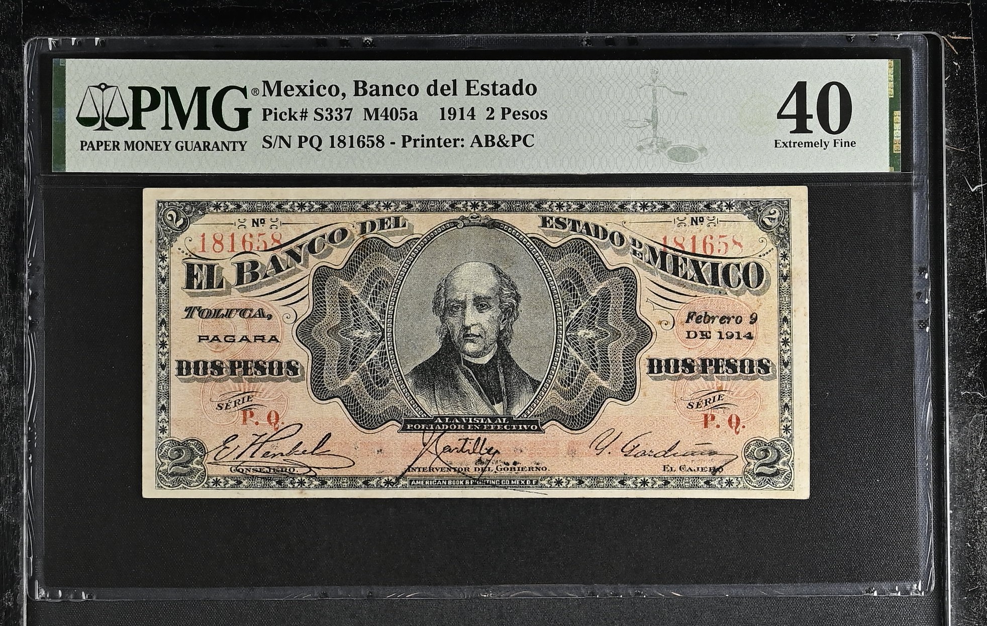 Bancos 2 Pesos 1914 Mexico M405a PMG XF40 f_35454