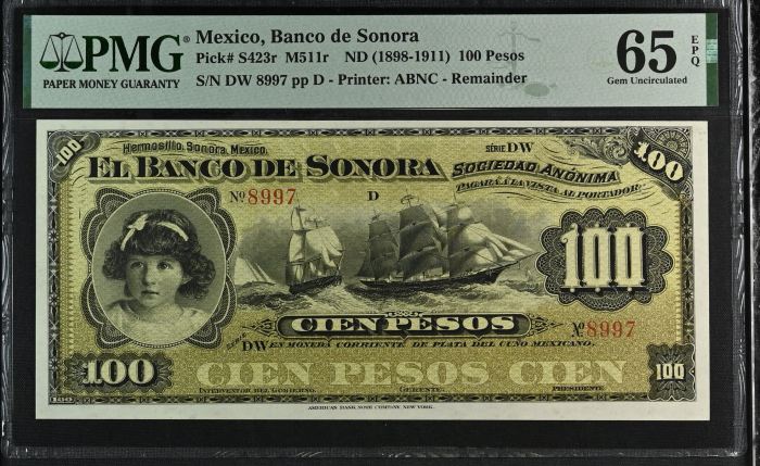 Bancos 100 Pesos ND Sonora M511r PMG Gem UNC65 EPQ f_35456Bancos 100 Pesos ND Sonora M511r PMG Gem UNC65 EPQ f_35456