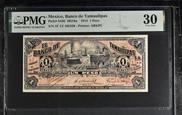 Bancos Peso 1914 Tamaulipas M519a PMG VF30 f_35457Bancos Peso 1914 Tamaulipas M519a PMG VF30 f_35457