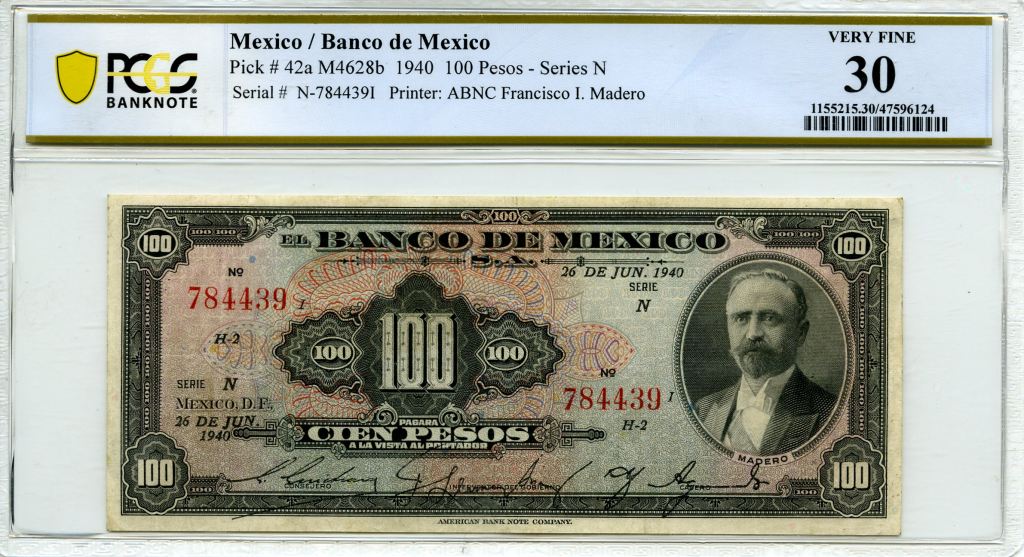Banco De Mexico 100 Pesos 1940 M4628b PCGS VF30 f_35462