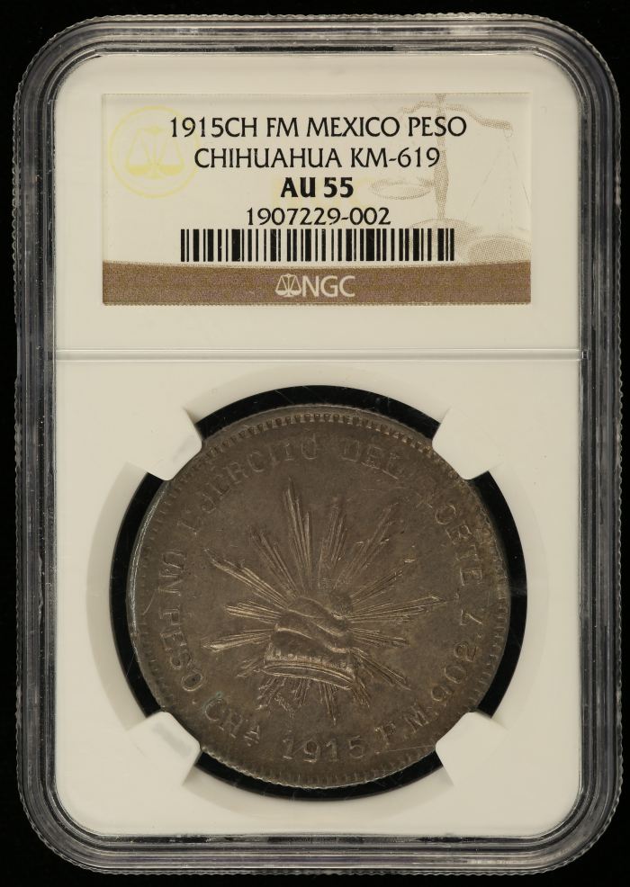 Chihuahua Peso 1915 Ch FM KM-619 NGC AU55 0146155Chihuahua Peso 1915 Ch FM KM-619 NGC AU55 0146155