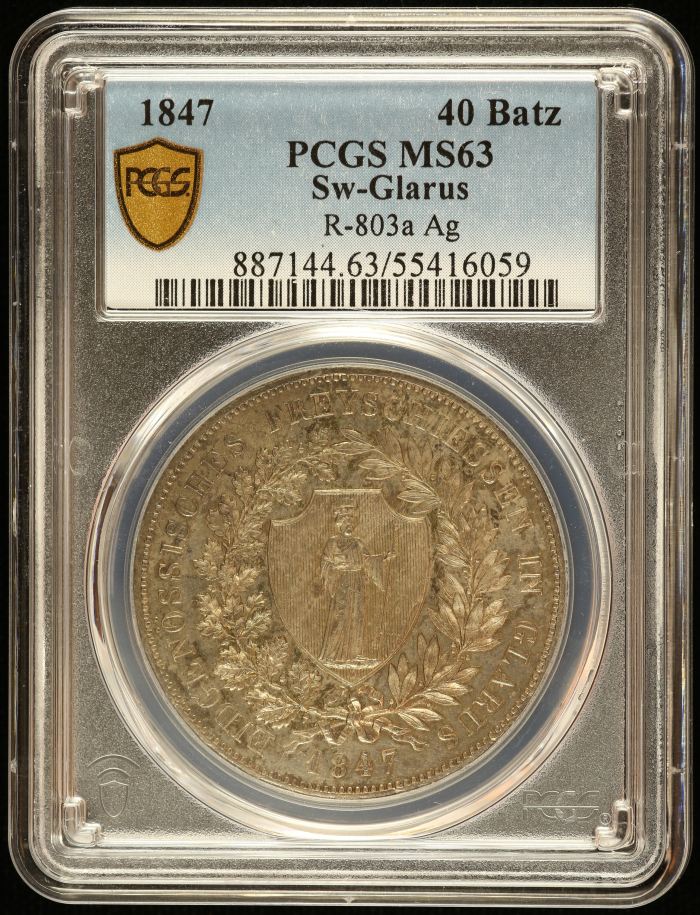 Switzerland 40 Batz 1847 Glarus R803a PCGS MS63 0145973Switzerland 40 Batz 1847 Glarus R803a PCGS MS63 0145973