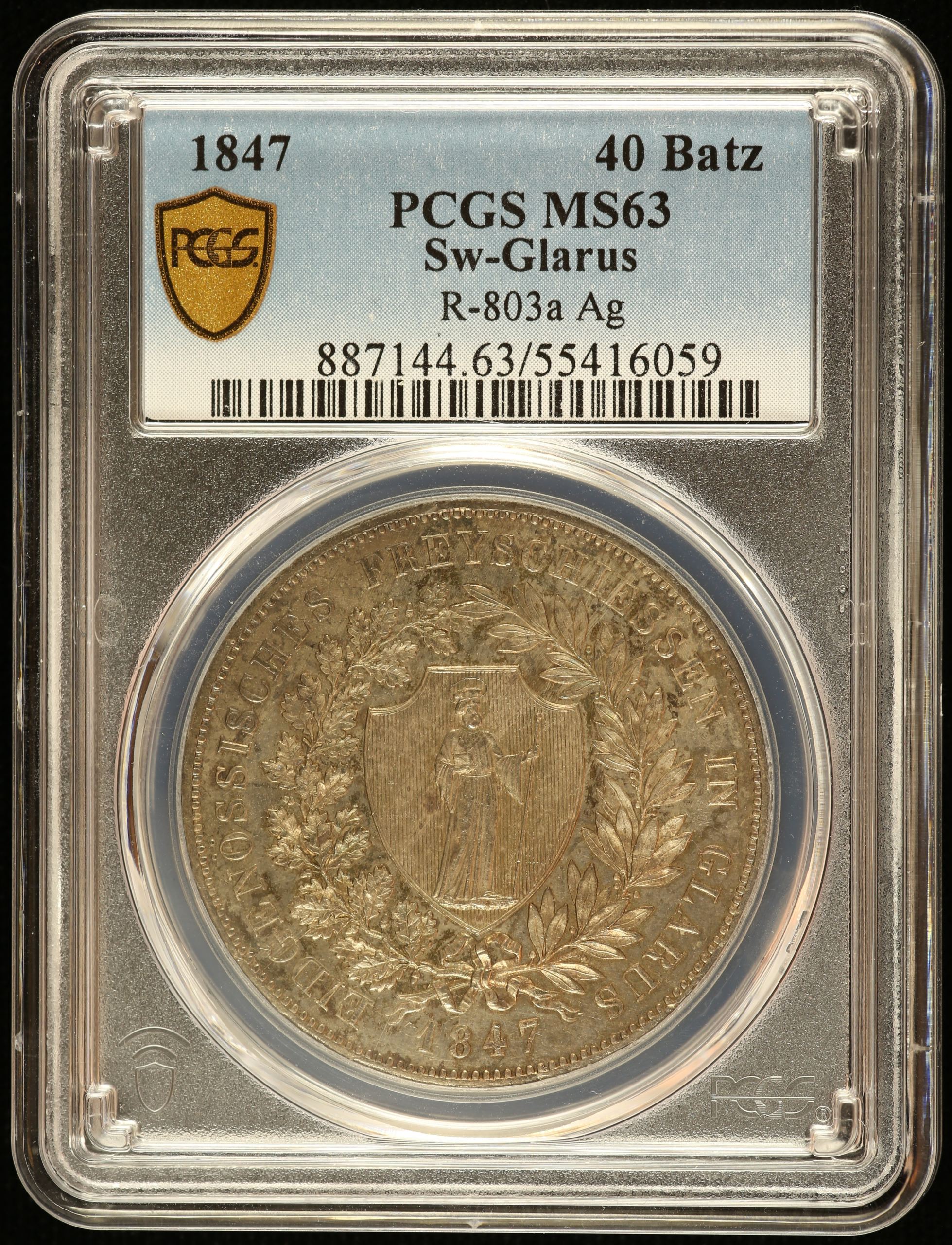 Switzerland 40 Batz 1847 Glarus R803a PCGS MS63 0145973