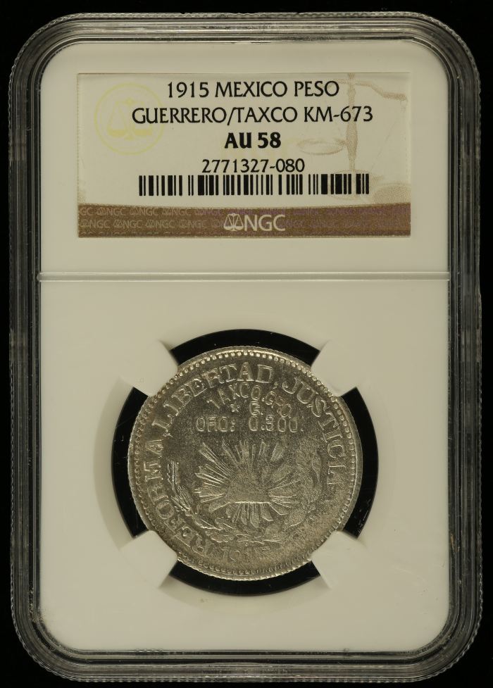 Guerrero Peso 1915 Guerrero/Taxco KM-673 NGC AU58 0146158Guerrero Peso 1915 Guerrero/Taxco KM-673 NGC AU58 0146158