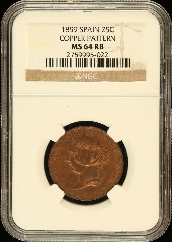 Spain 25 Centimos 1859 NGC MS64RB 0146234Spain 25 Centimos 1859 NGC MS64RB 0146234