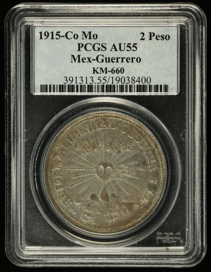 Guerrero 2 Peso 1915 CoMo KM-660 PCGS AU55 0146159Guerrero 2 Peso 1915 CoMo KM-660 PCGS AU55 0146159