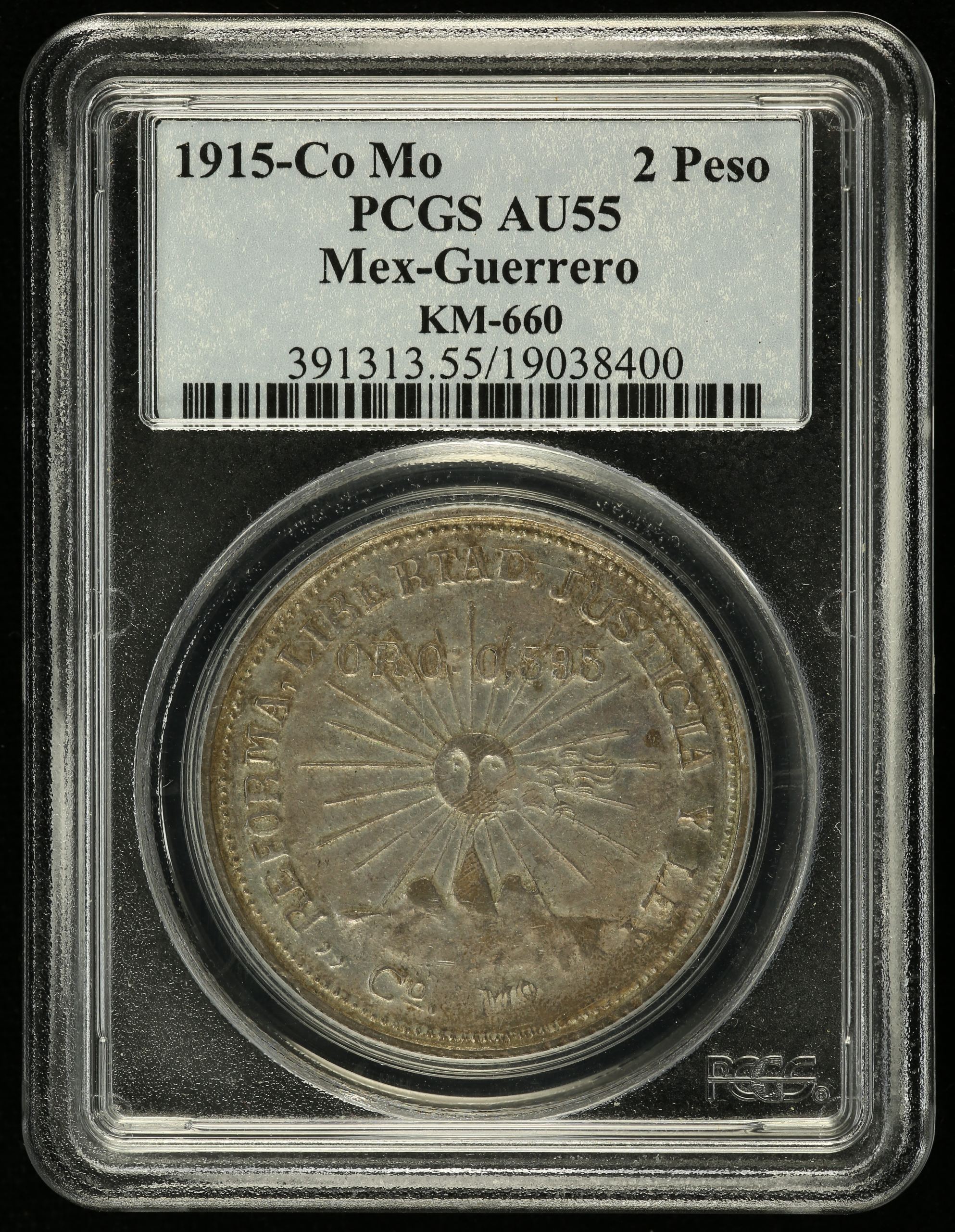 Guerrero 2 Peso 1915 CoMo KM-660 PCGS AU55 0146159