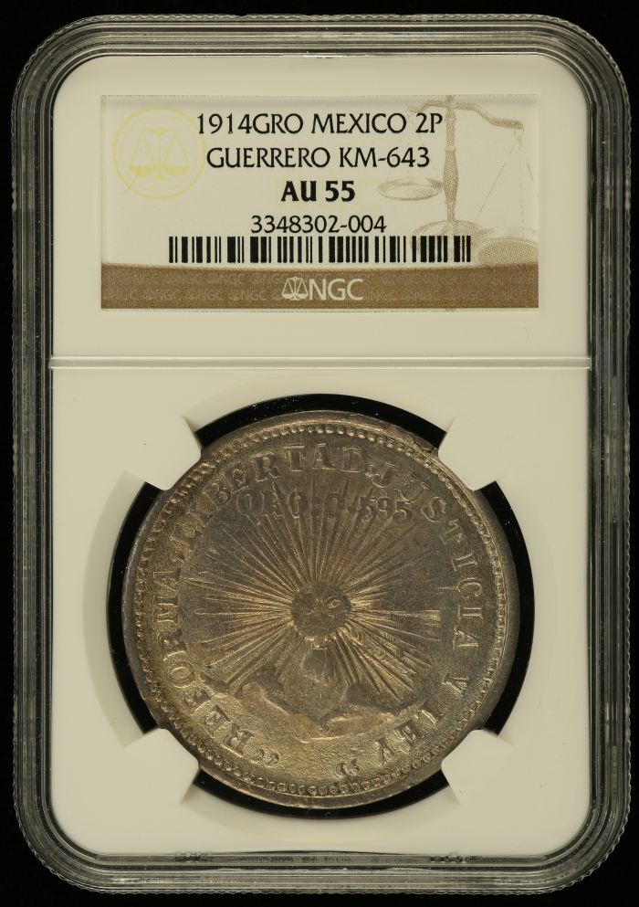 Guerrero 2 Peso 1914 GRO KM-643 NGC AU55 0146160Guerrero 2 Peso 1914 GRO KM-643 NGC AU55 0146160