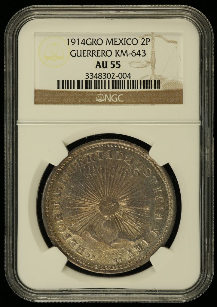 Guerrero 2 Peso 1914 GRO KM-643 NGC AU55 0146160