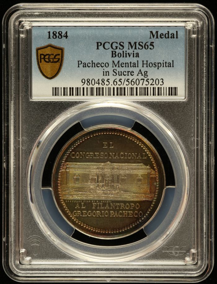 Bolivia Pacheco Mental Hospital in Sucre Medal 1884 PCGS MS65 0145934Bolivia Pacheco Mental Hospital in Sucre Medal 1884 PCGS MS65 0145934