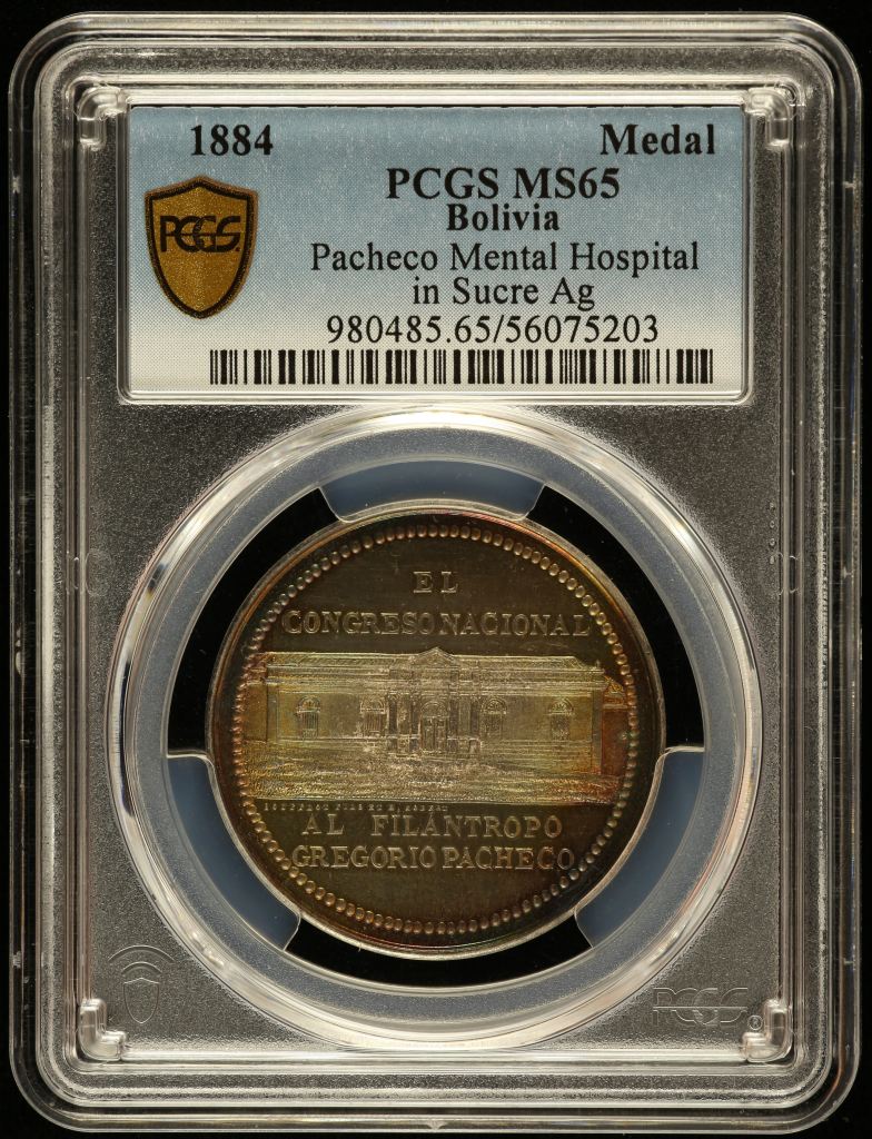 Bolivia Pacheco Mental Hospital in Sucre Medal 1884 PCGS MS65 0145934