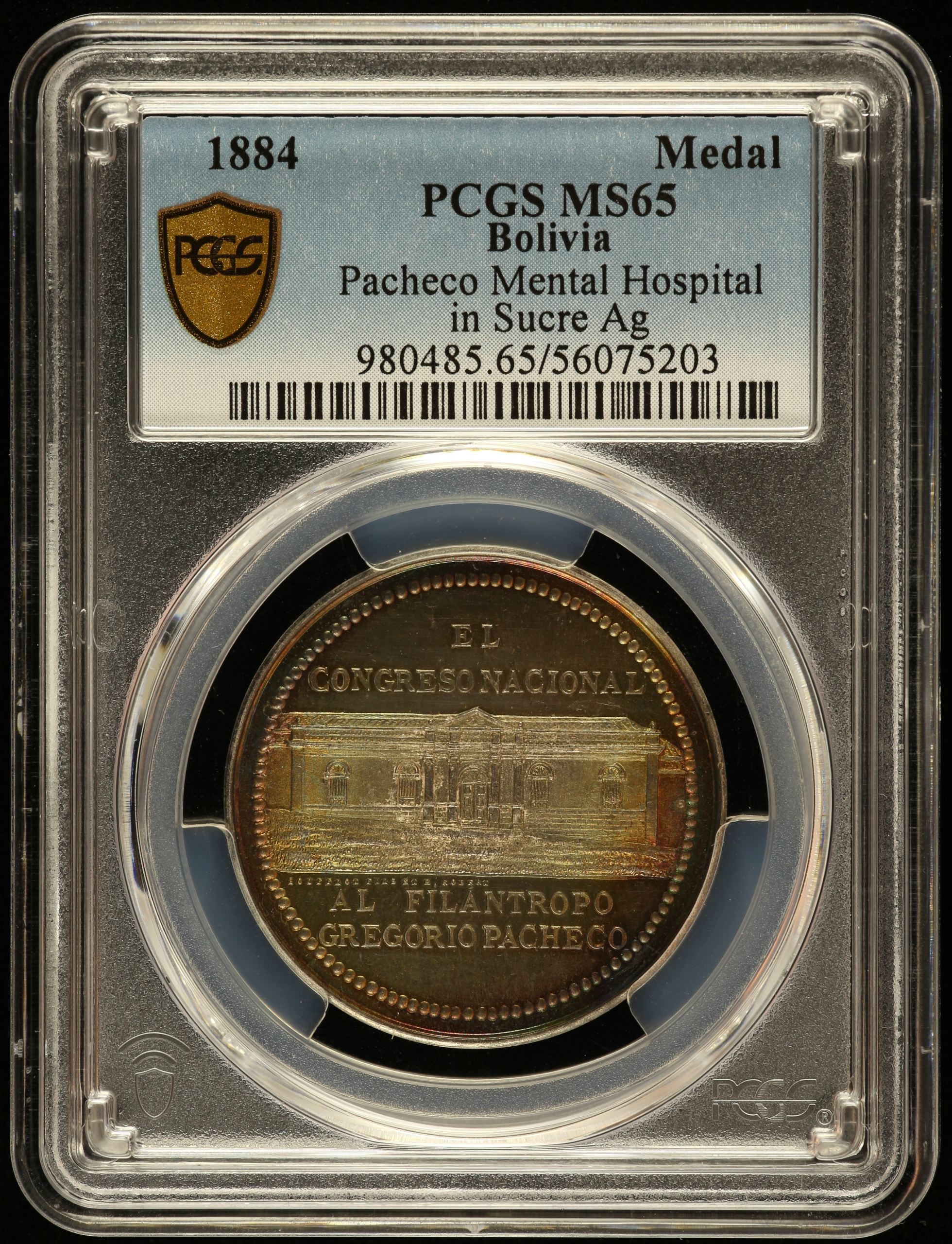 Bolivia Pacheco Mental Hospital in Sucre Medal 1884 PCGS MS65 0145934