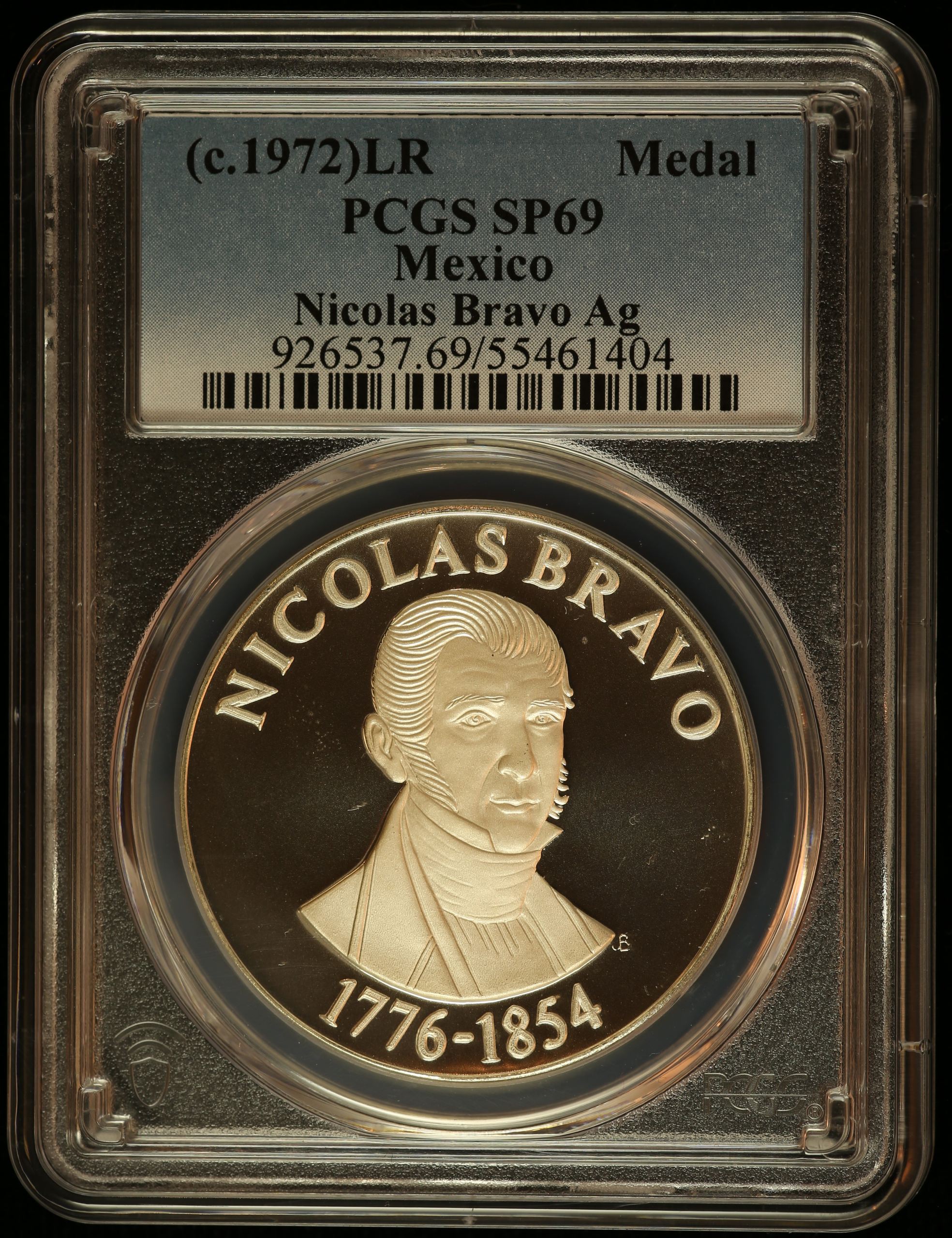 Medals & Tokens President Nicolas Bravo Medal (c.1972) PCGS SP69 0145884